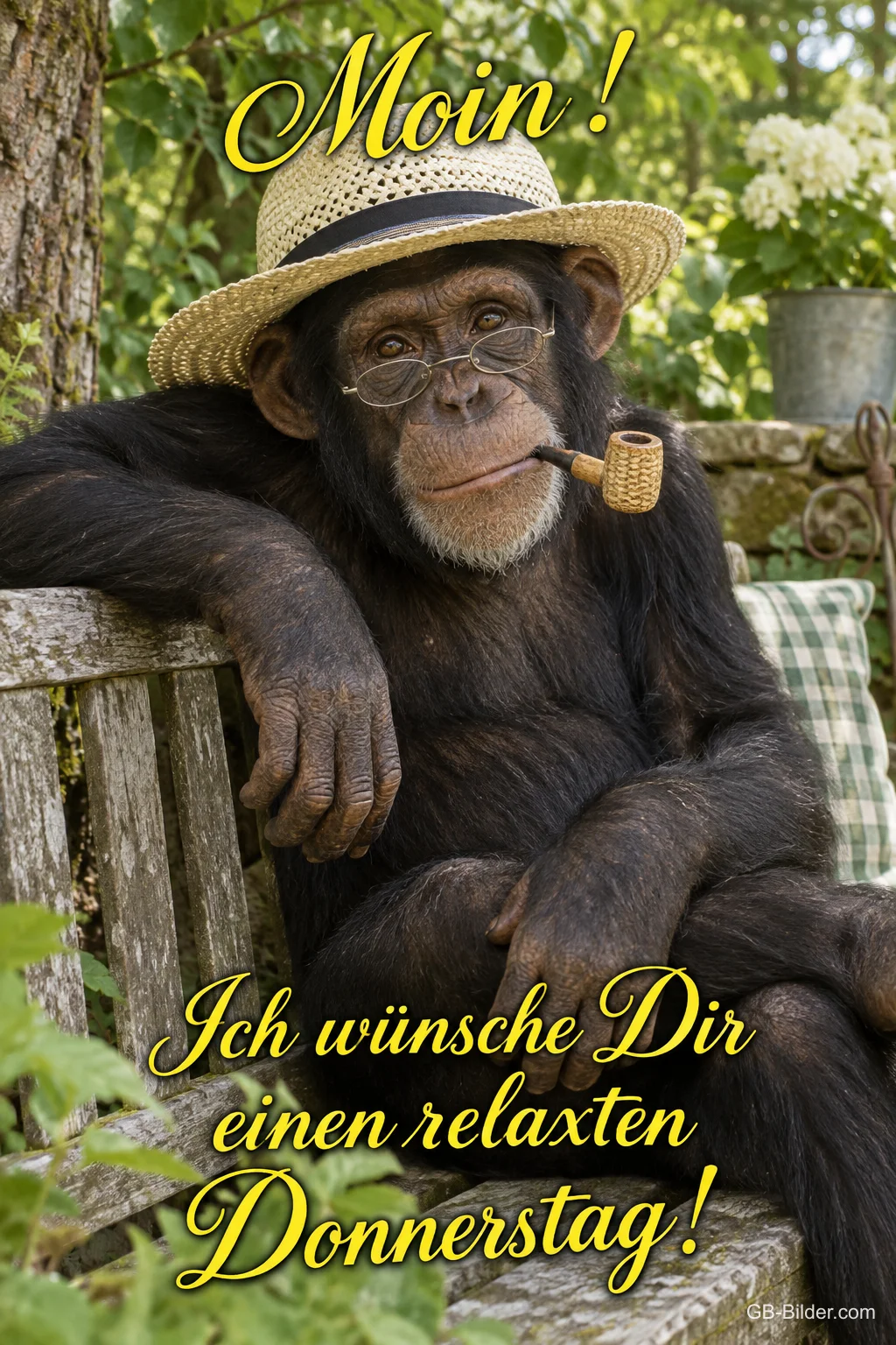Schimpanse mit Strohhut, Brille und Pfeife auf einer Gartenbank, Text: Moin! Ich wünsche Dir einen relaxten Donnerstag!