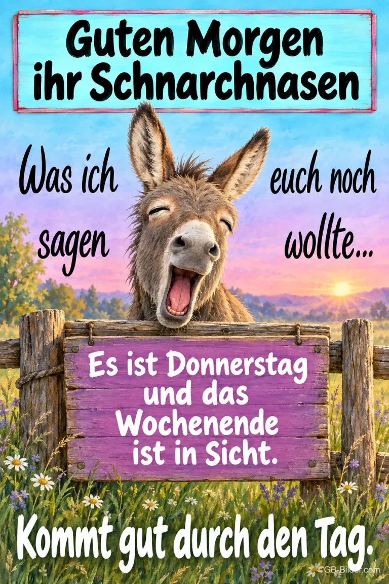 Esel lacht über einen Holzzaun mit Schild, Text: Guten Morgen ihr Schnarchnasen – Was ich euch noch sagen wollte… Es ist Donnerstag und das Wochenende ist in Sicht. Kommt gut durch den Tag.