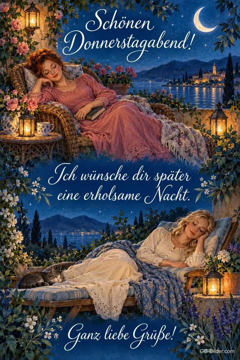 Zwei Frauen ruhen in Gartenliegen unter Laternen, Text: Schönen Donnerstagabend! – Ich wünsche dir später eine erholsame Nacht. Ganz liebe Grüße!