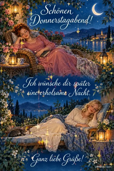 Zwei Frauen ruhen in Gartenliegen unter Laternen, Text: Schönen Donnerstagabend! – Ich wünsche dir später eine erholsame Nacht. Ganz liebe Grüße! Zwei Frauen ruhen in Gartenliegen unter Laternen, Text: Schönen Donnerstagabend! – Ich wünsche dir später eine erholsame Nacht. Ganz liebe Grüße!