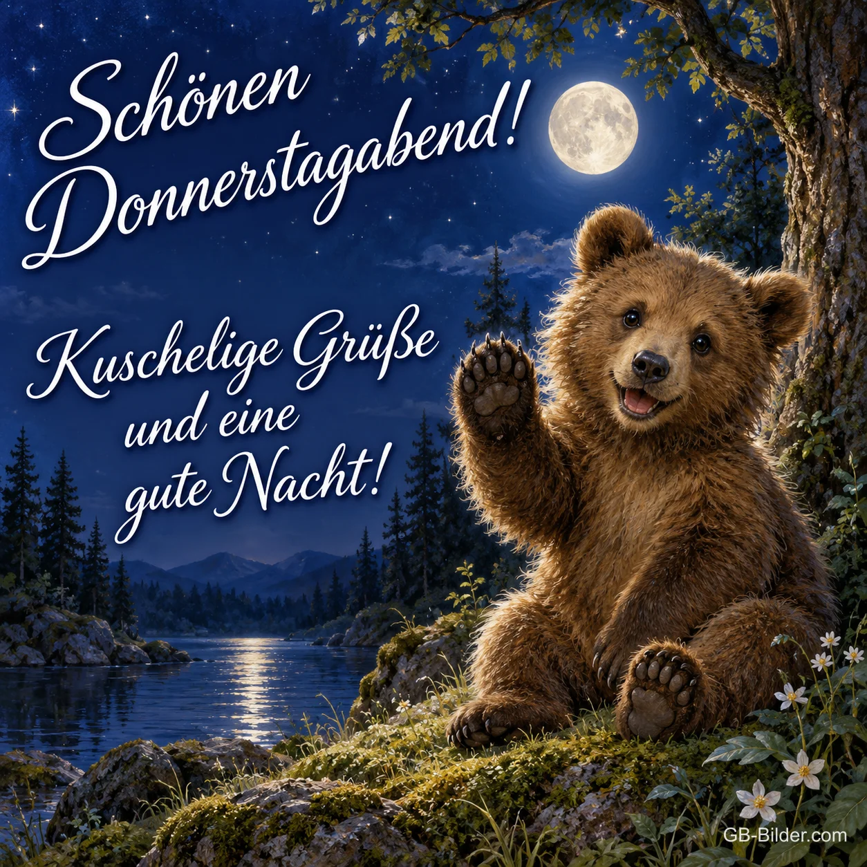 Bär winkt am See im Mondlicht, Text: Schönen Donnerstagabend! – Kuschelige Grüße und eine gute Nacht! Bär winkt am See im Mondlicht, Text: Schönen Donnerstagabend! – Kuschelige Grüße und eine gute Nacht!