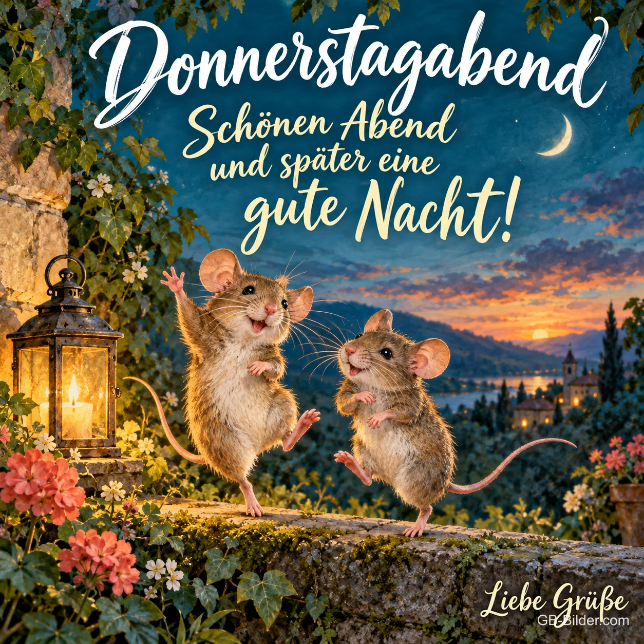 Zwei Mäuse tanzen auf einer Mauer mit Laterne, Text: Donnerstagabend – Schönen Abend und später eine gute Nacht! Liebe Grüße