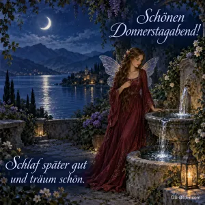 Elfe im roten Kleid an einem Brunnen am See, Text: Schönen Donnerstagabend! – Schlaf später gut und träum schön.