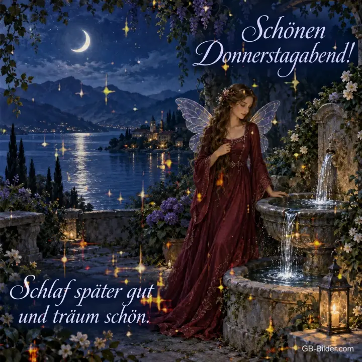 Elfe im roten Kleid an einem Brunnen am See, Text: Schönen Donnerstagabend! – Schlaf später gut und träum schön. Elfe im roten Kleid an einem Brunnen am See, Text: Schönen Donnerstagabend! – Schlaf später gut und träum schön.