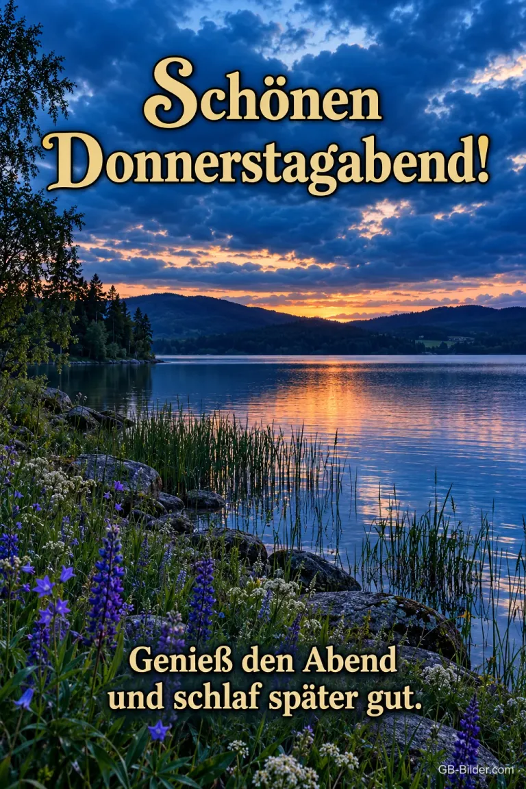 See mit Lupinen im Abendlicht, Text: Schönen Donnerstagabend! – Genieß den Abend und schlaf später gut.