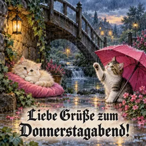 Kätzchen mit rosa Schirm und Kätzchen auf Kissen im Regen, Text: Liebe Grüße zum Donnerstagabend!