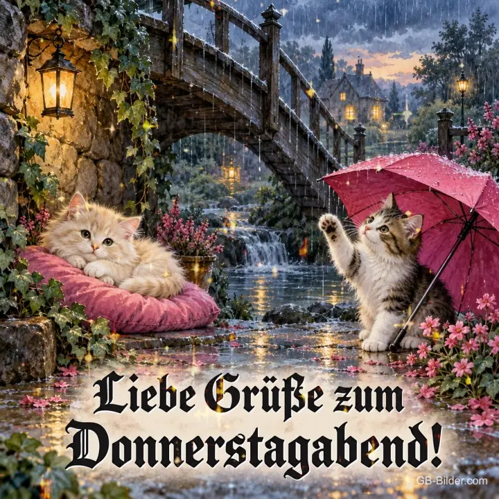 Kätzchen mit rosa Schirm und Kätzchen auf Kissen im Regen, Text: Liebe Grüße zum Donnerstagabend! Kätzchen mit rosa Schirm und Kätzchen auf Kissen im Regen, Text: Liebe Grüße zum Donnerstagabend!