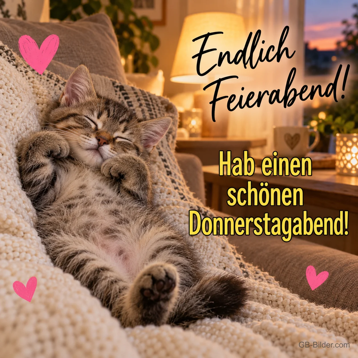 Tigerkätzchen liegt rücklings auf einer Decke, Text: Endlich Feierabend! – Hab einen schönen Donnerstagabend!