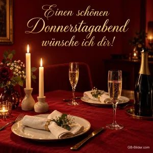Festlich gedeckter Tisch mit Kerzen und Sekt, Text: Einen schönen Donnerstagabend – wünsche ich dir!