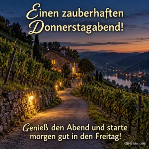 Beleuchteter Weg durch Weinberge über einem Fluss, Text: Einen zauberhaften Donnerstagabend! – Genieß den Abend und starte morgen gut in den Freitag!