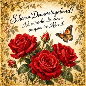 Rote Rosen mit Monarchfalter in einem Blumenrahmen, Text: Schönen Donnerstagabend! – Ich wünsche dir einen entspannten Abend.