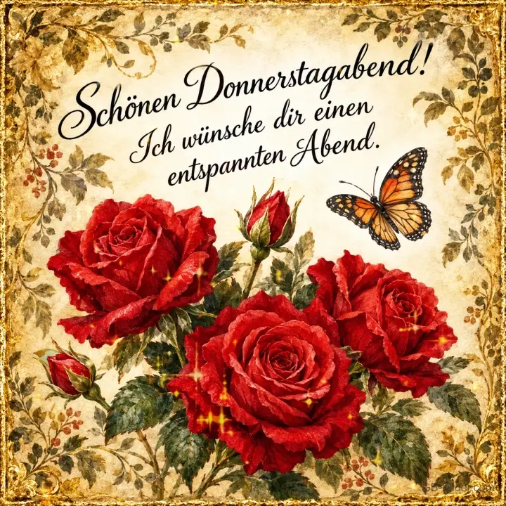 Rote Rosen mit Monarchfalter in einem Blumenrahmen, Text: Schönen Donnerstagabend! – Ich wünsche dir einen entspannten Abend. Rote Rosen mit Monarchfalter in einem Blumenrahmen, Text: Schönen Donnerstagabend! – Ich wünsche dir einen entspannten Abend.