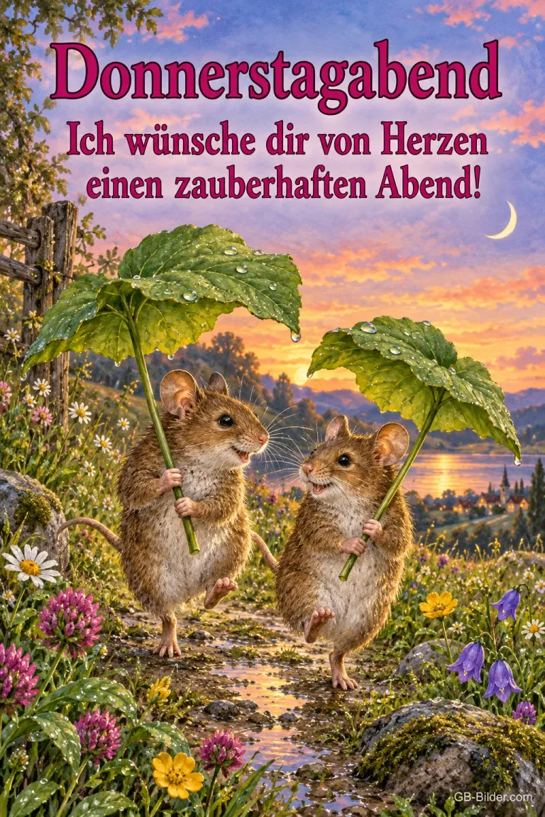 Zwei Mäuse mit Blattschirmen auf einem Bachweg, Text: Donnerstagabend – Ich wünsche dir von Herzen einen zauberhaften Abend!