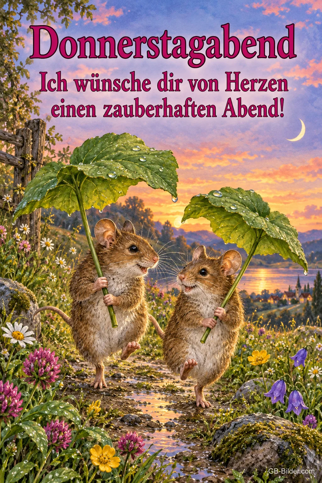 Zwei Mäuse mit Blattschirmen auf einem Bachweg, Text: Donnerstagabend – Ich wünsche dir von Herzen einen zauberhaften Abend!