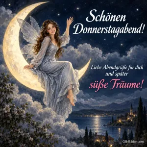 Elfe sitzt auf der Mondsichel über Wolken, Text: Schönen Donnerstagabend! – Liebe Abendgrüße für dich und später süße Träume!