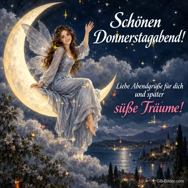 Elfe sitzt auf der Mondsichel über Wolken, Text: Schönen Donnerstagabend! – Liebe Abendgrüße für dich und später süße Träume! Elfe sitzt auf der Mondsichel über Wolken, Text: Schönen Donnerstagabend! – Liebe Abendgrüße für dich und später süße Träume!