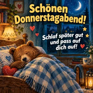 Bärenjunges schläft im Bett mit Herzkissen, Text: Schönen Donnerstagabend! – Schlaf später gut und pass auf dich auf!