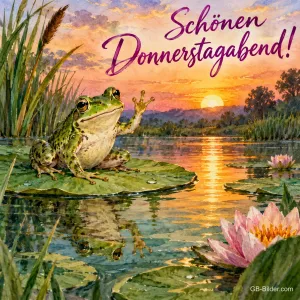 Frosch winkt auf einem Seerosenblatt im Sonnenuntergang, Text: Schönen Donnerstagabend!
