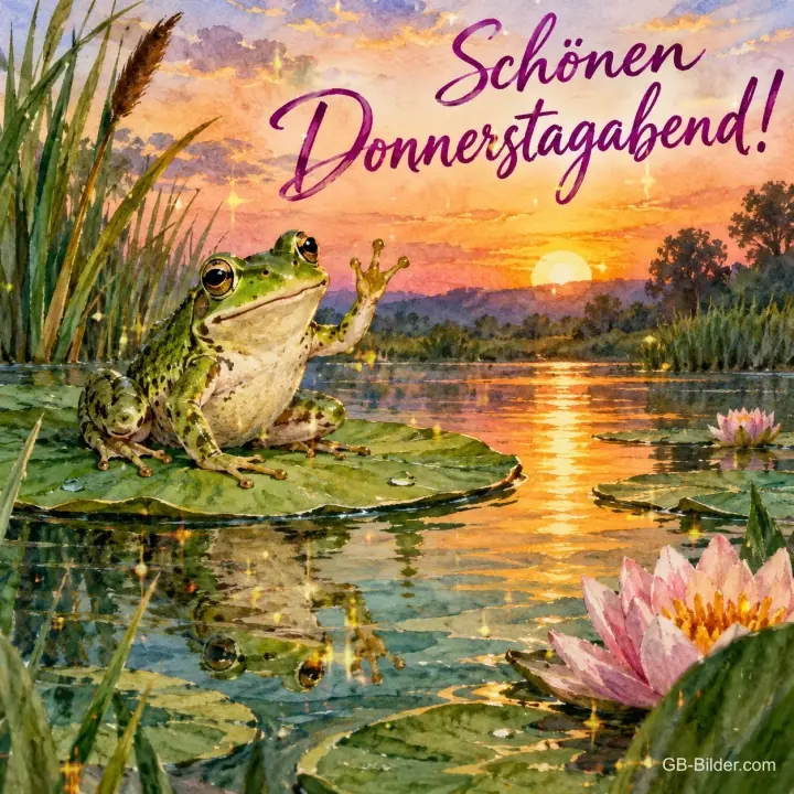 Frosch winkt auf einem Seerosenblatt im Sonnenuntergang, Text: Schönen Donnerstagabend! Frosch winkt auf einem Seerosenblatt im Sonnenuntergang, Text: Schönen Donnerstagabend!