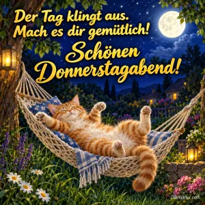 Rote Katze liegt in einer Hängematte unter dem Mond, Text: Der Tag klingt aus. Mach es dir gemütlich! – Schönen Donnerstagabend!