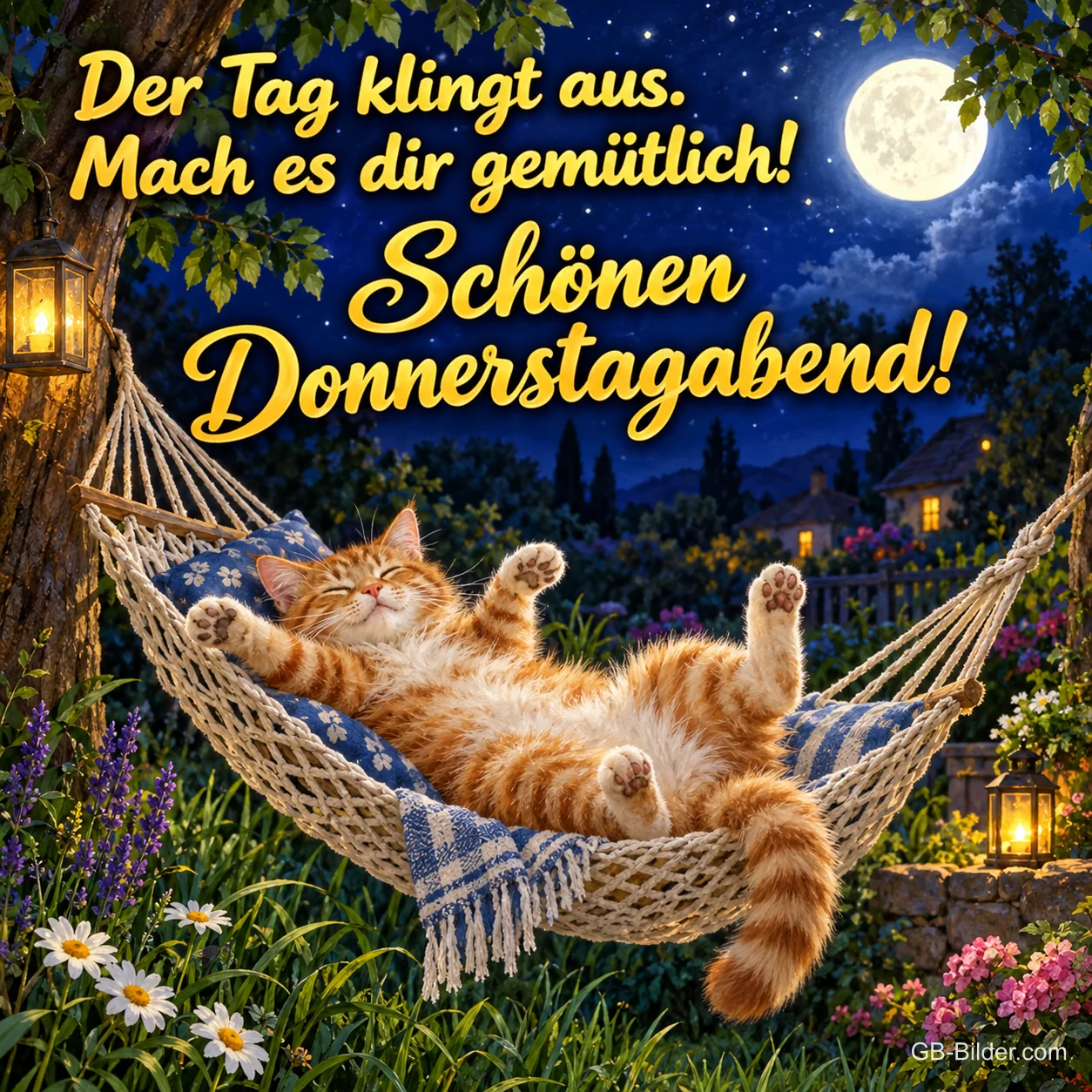 Rote Katze liegt in einer Hängematte unter dem Mond, Text: Der Tag klingt aus. Mach es dir gemütlich! – Schönen Donnerstagabend!