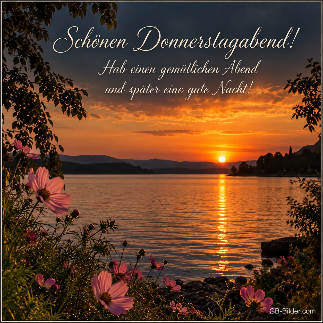 See im Sonnenuntergang mit Schmuckkörbchen, Text: Schönen Donnerstagabend! – Hab einen gemütlichen Abend und später eine gute Nacht!