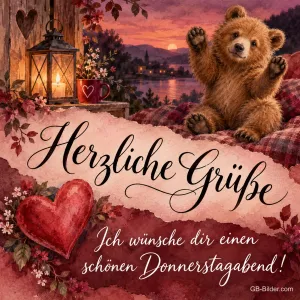 Bärenjunges winkt neben einem Herz und einer Laterne, Text: Herzliche Grüße – Ich wünsche dir einen schönen Donnerstagabend!