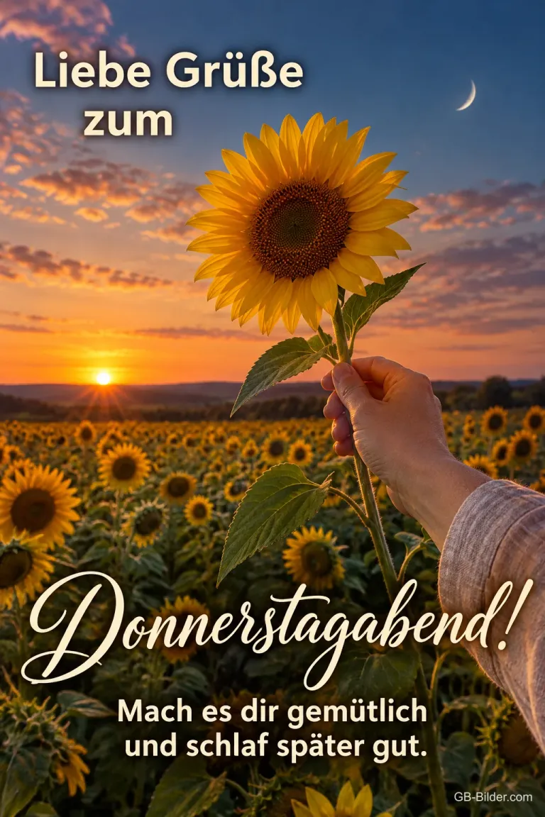 Hand hält eine Sonnenblume über einem Sonnenblumenfeld, Text: Liebe Grüße zum Donnerstagabend! – Mach es dir gemütlich und schlaf später gut.