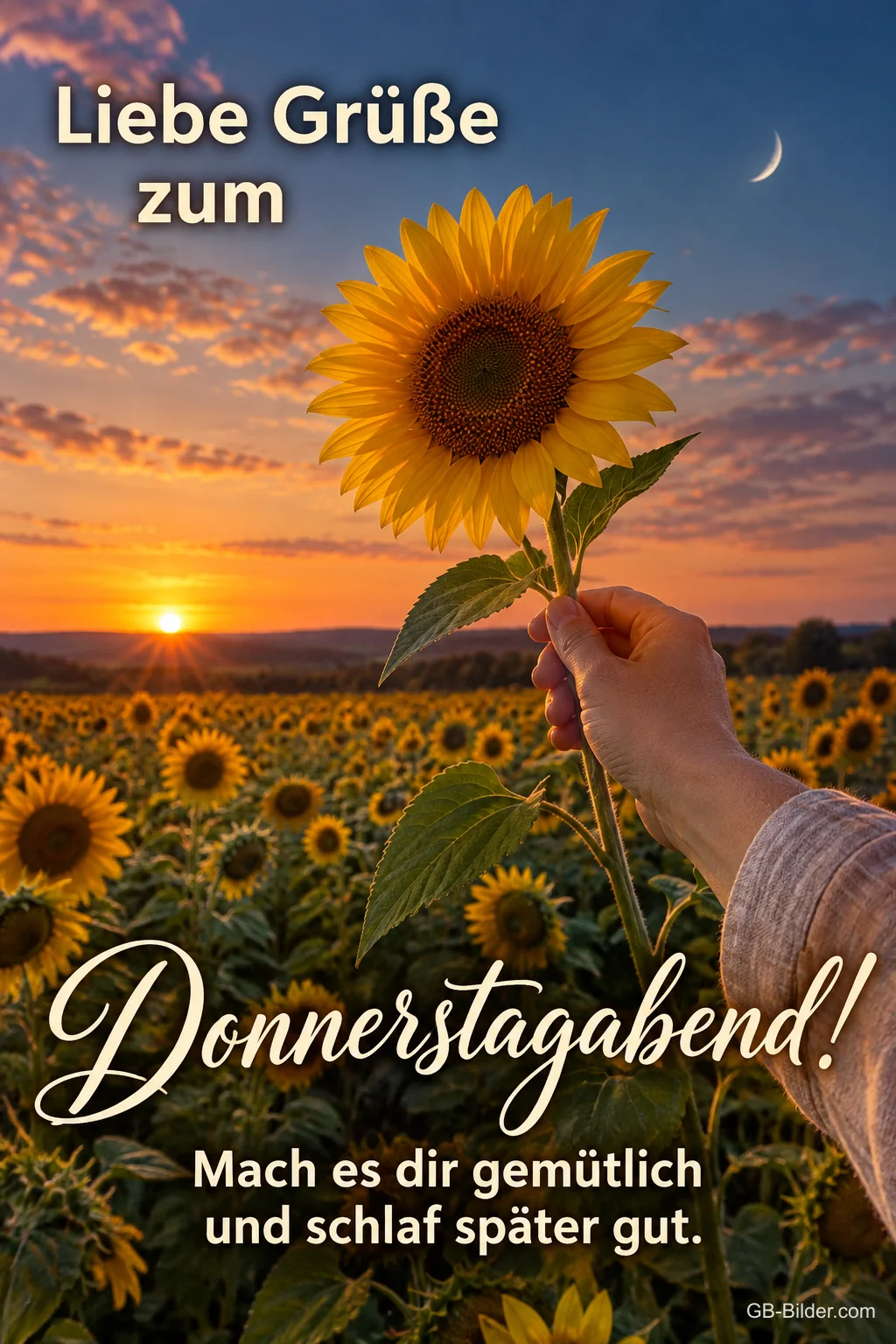 Hand hält eine Sonnenblume über einem Sonnenblumenfeld, Text: Liebe Grüße zum Donnerstagabend! – Mach es dir gemütlich und schlaf später gut.