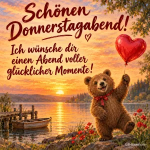 Bärenjunges mit rotem Herzballon am See, Text: Schönen Donnerstagabend! – Ich wünsche dir einen Abend voller glücklicher Momente!