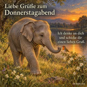 Elefantenkalb mit Rotkehlchen am Rüssel, Text: Liebe Grüße zum Donnerstagabend – Ich denke an dich und schicke dir einen lieben Gruß.