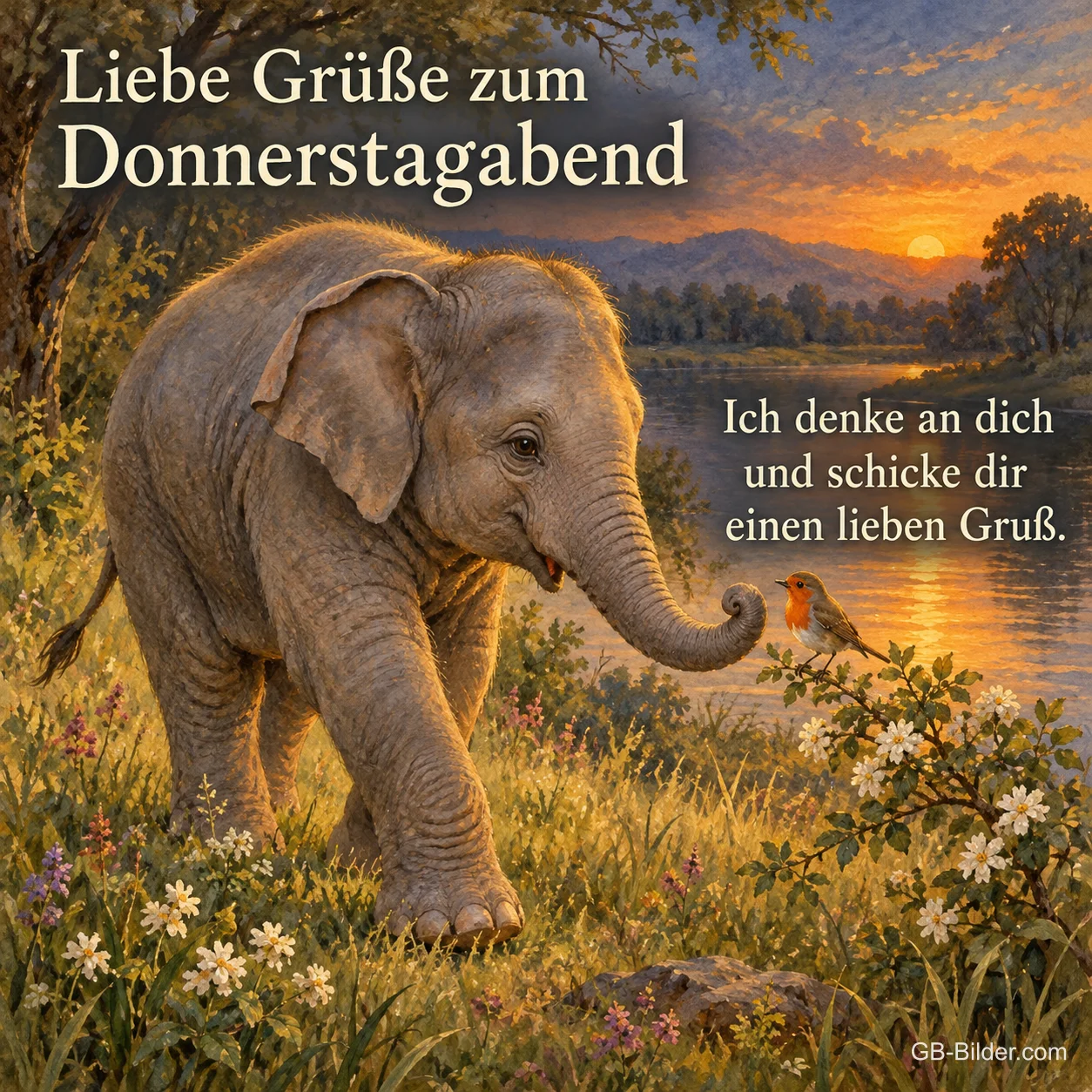 Elefantenkalb mit Rotkehlchen am Rüssel, Text: Liebe Grüße zum Donnerstagabend – Ich denke an dich und schicke dir einen lieben Gruß.