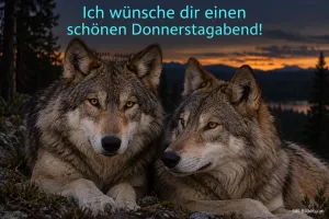 Zwei Wölfe liegen auf einem Felsen in der Abenddämmerung, Text: Ich wünsche dir einen schönen Donnerstagabend!