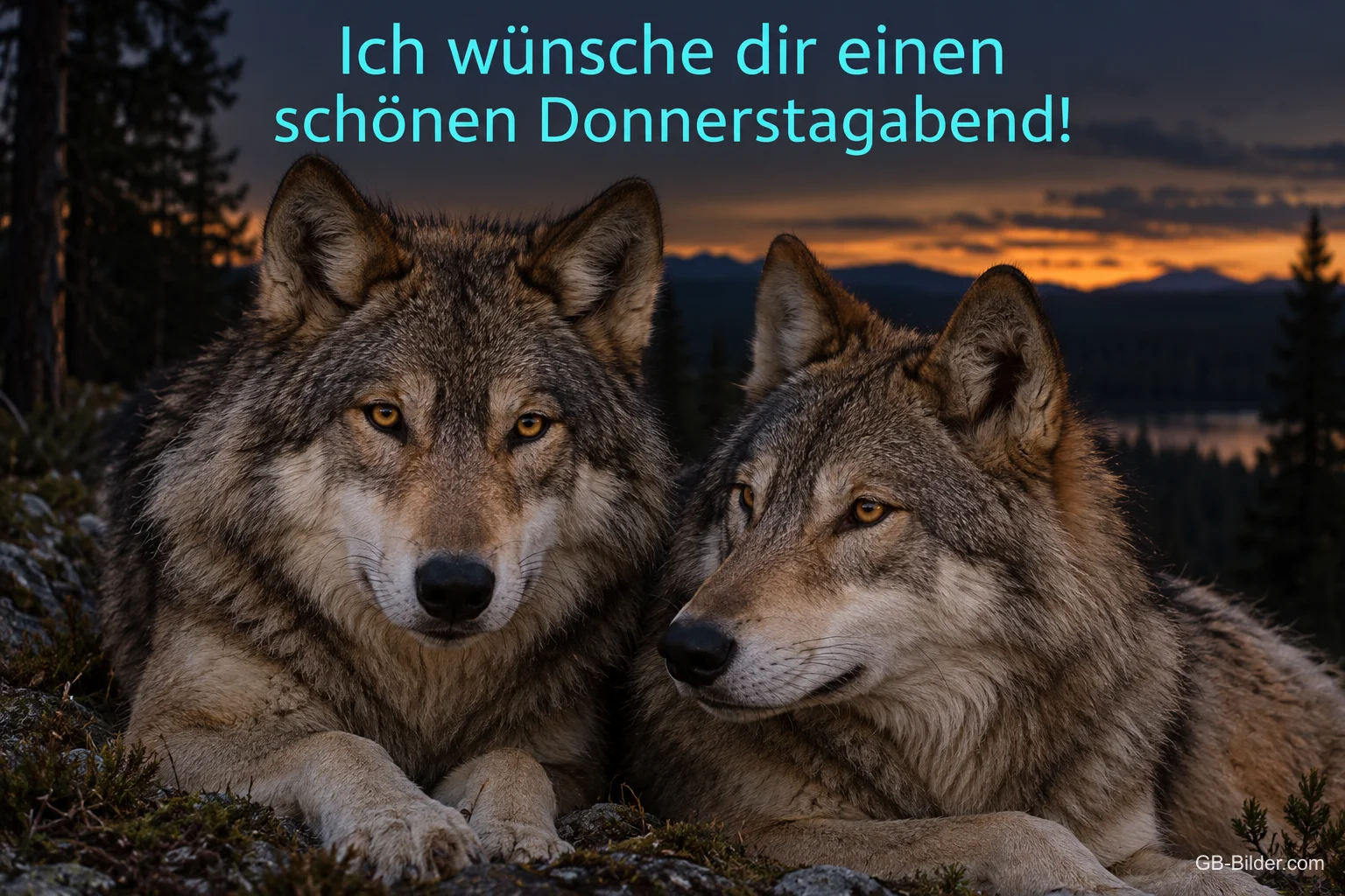Zwei Wölfe liegen auf einem Felsen in der Abenddämmerung, Text: Ich wünsche dir einen schönen Donnerstagabend!