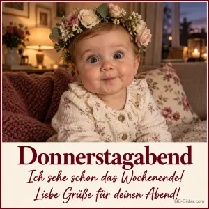 Baby mit Blumenkranz schaut mit großen Augen, Text: Donnerstagabend – Ich sehe schon das Wochenende! Liebe Grüße für deinen Abend!