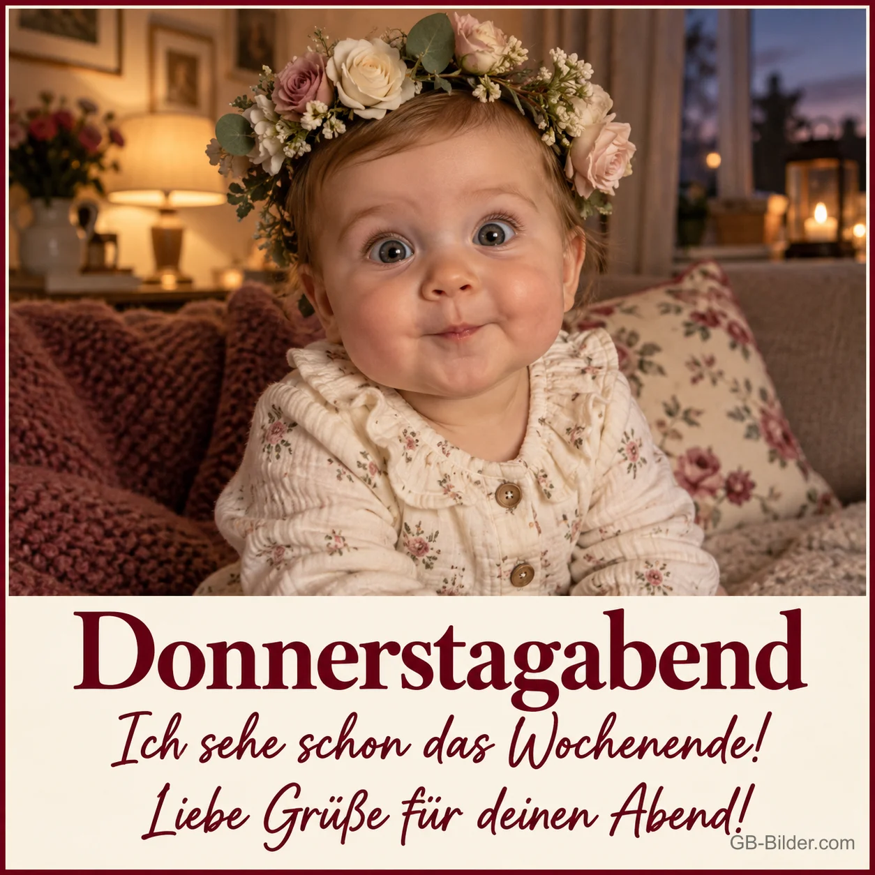 Baby mit Blumenkranz schaut mit großen Augen, Text: Donnerstagabend – Ich sehe schon das Wochenende! Liebe Grüße für deinen Abend!
