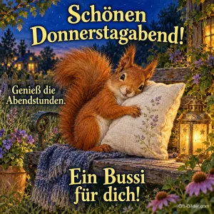 Eichhörnchen kuschelt ein Kissen auf einer Gartenbank, Text: Schönen Donnerstagabend! – Genieß die Abendstunden. Ein Bussi für dich!