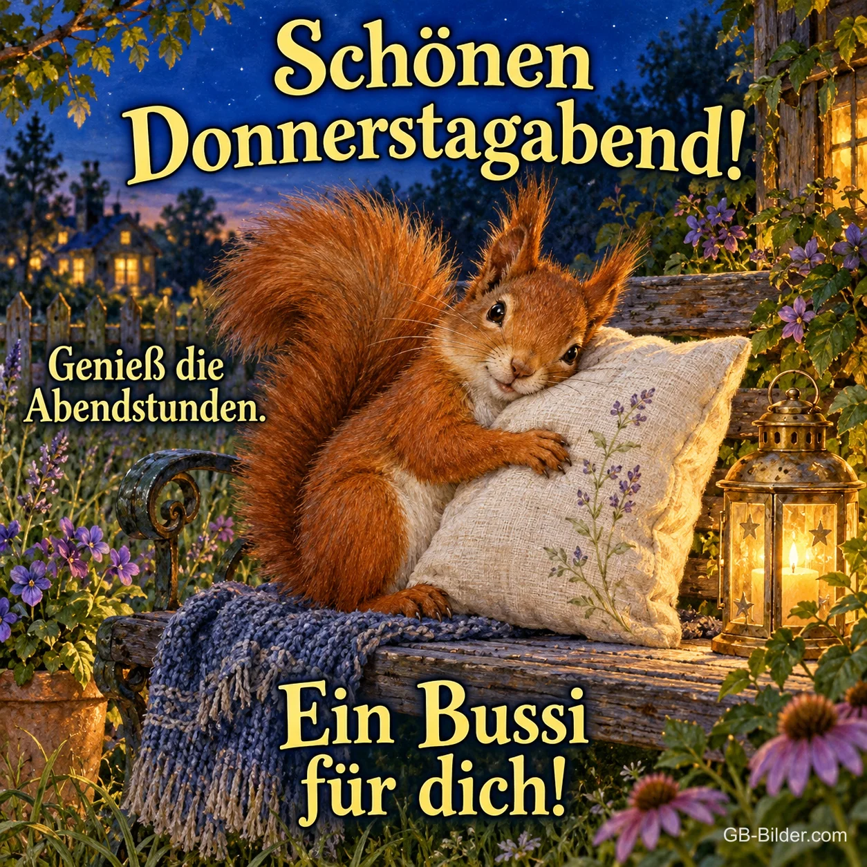 Eichhörnchen kuschelt ein Kissen auf einer Gartenbank, Text: Schönen Donnerstagabend! – Genieß die Abendstunden. Ein Bussi für dich!