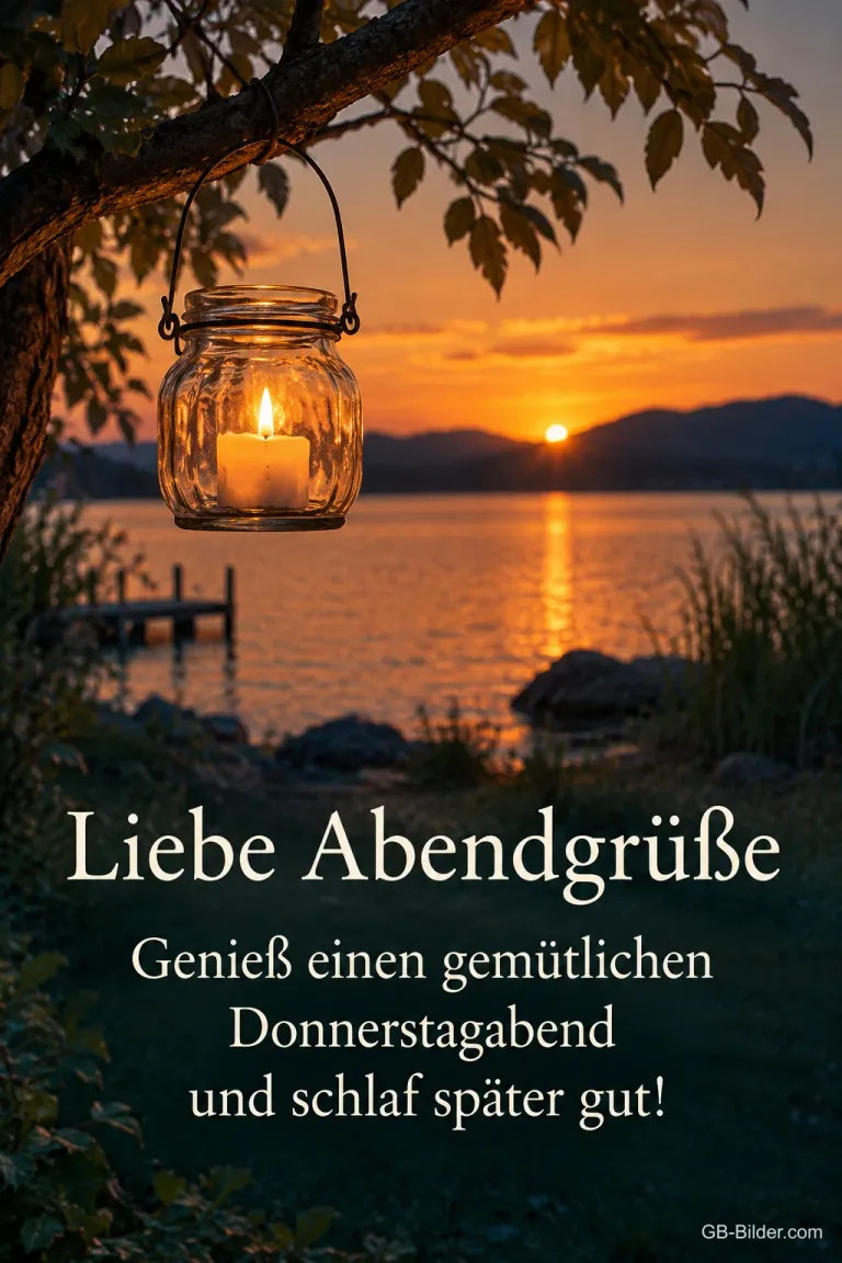 Windlicht hängt an einem Ast über dem See im Sonnenuntergang, Text: Liebe Abendgrüße – Genieß einen gemütlichen Donnerstagabend und schlaf später gut!