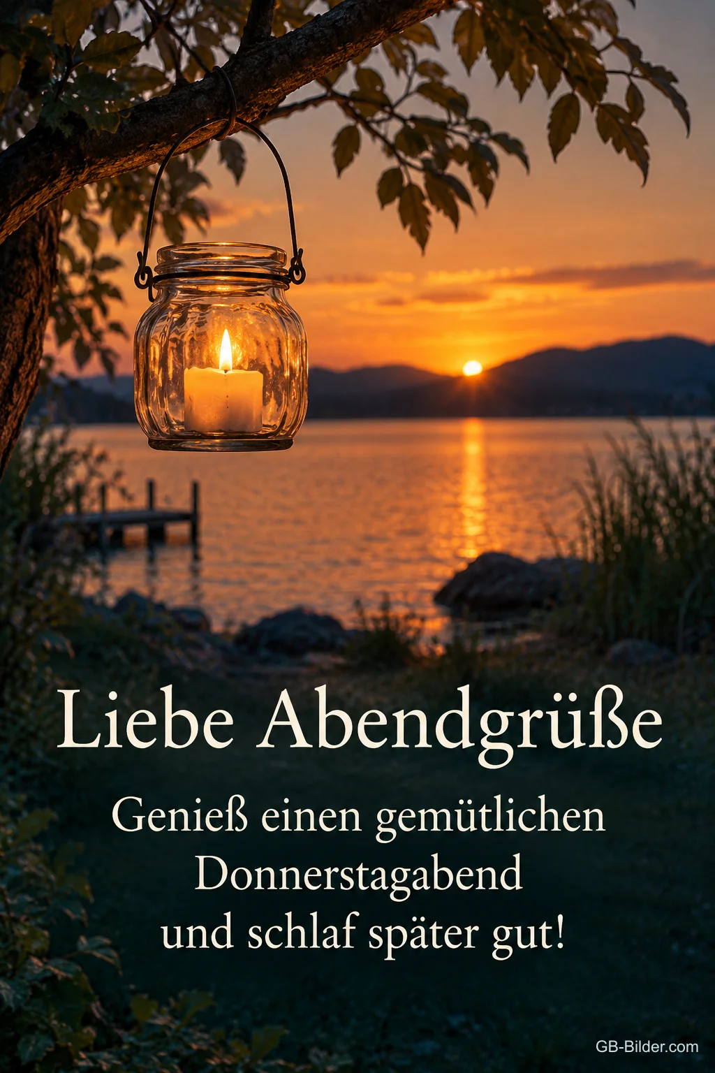 Windlicht hängt an einem Ast über dem See im Sonnenuntergang, Text: Liebe Abendgrüße – Genieß einen gemütlichen Donnerstagabend und schlaf später gut!