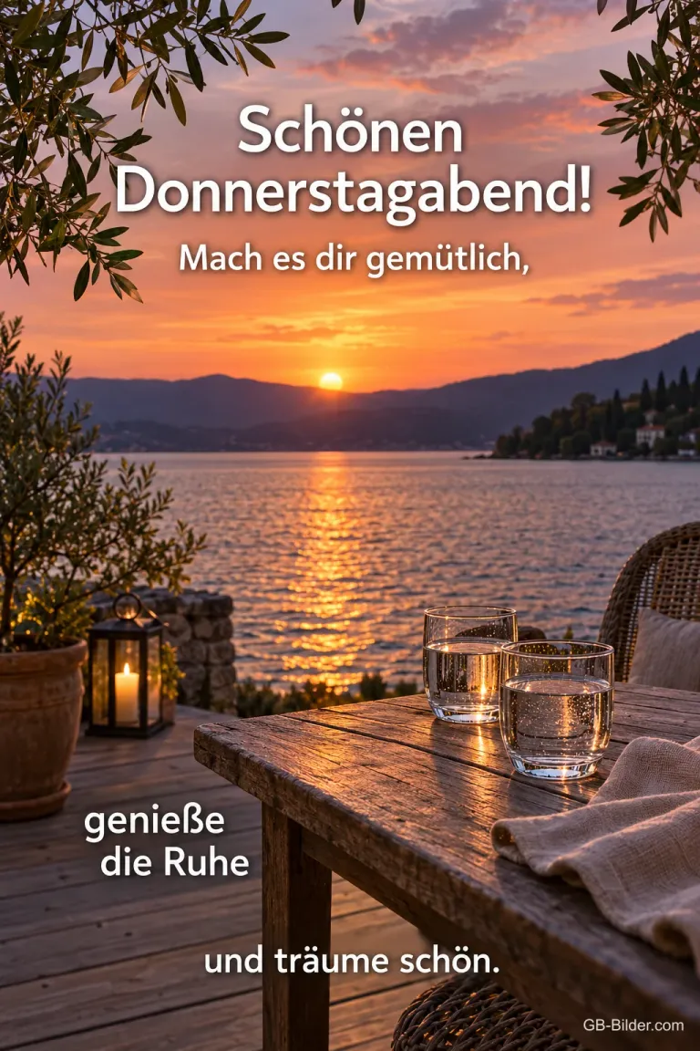 Gedeckter Terrassentisch über dem Meer bei Sonnenuntergang, Text: Schönen Donnerstagabend! – Mach es dir gemütlich, genieße die Ruhe und träume schön.