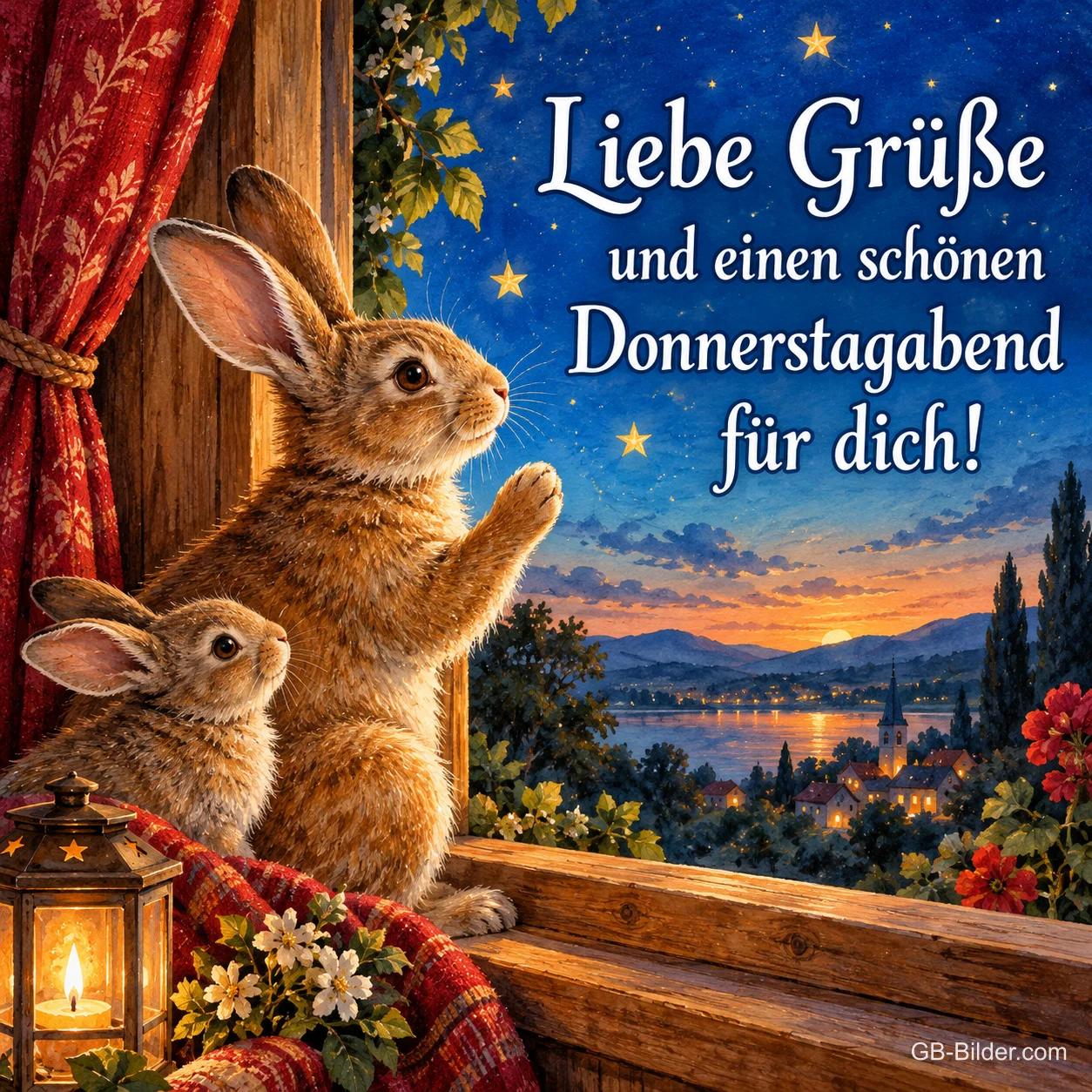 Zwei Hasen schauen aus dem Fenster in den Abend, Text: Liebe Grüße – und einen schönen Donnerstagabend für dich!