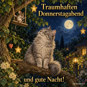 Katze auf einem Ast schaut zur Maus auf der Schaukel, Text: Traumhaften Donnerstagabend – und gute Nacht!