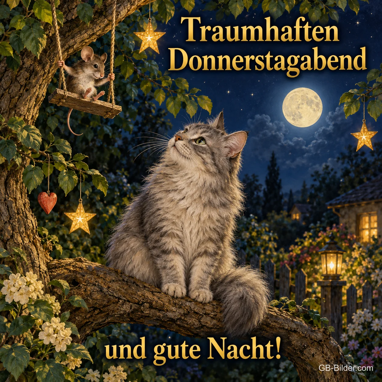 Katze auf einem Ast schaut zur Maus auf der Schaukel, Text: Traumhaften Donnerstagabend – und gute Nacht!