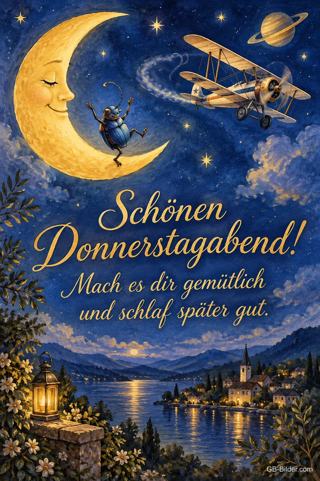 Käfer sitzt auf der Mondsichel neben einem Doppeldecker, Text: Schönen Donnerstagabend! – Mach es dir gemütlich und schlaf später gut. Käfer sitzt auf der Mondsichel neben einem Doppeldecker, Text: Schönen Donnerstagabend! – Mach es dir gemütlich und schlaf später gut.
