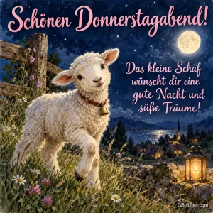 Lamm mit Glocke hüpft über eine Wiese bei Mondschein, Text: Schönen Donnerstagabend! – Das kleine Schaf wünscht dir eine gute Nacht und süße Träume!