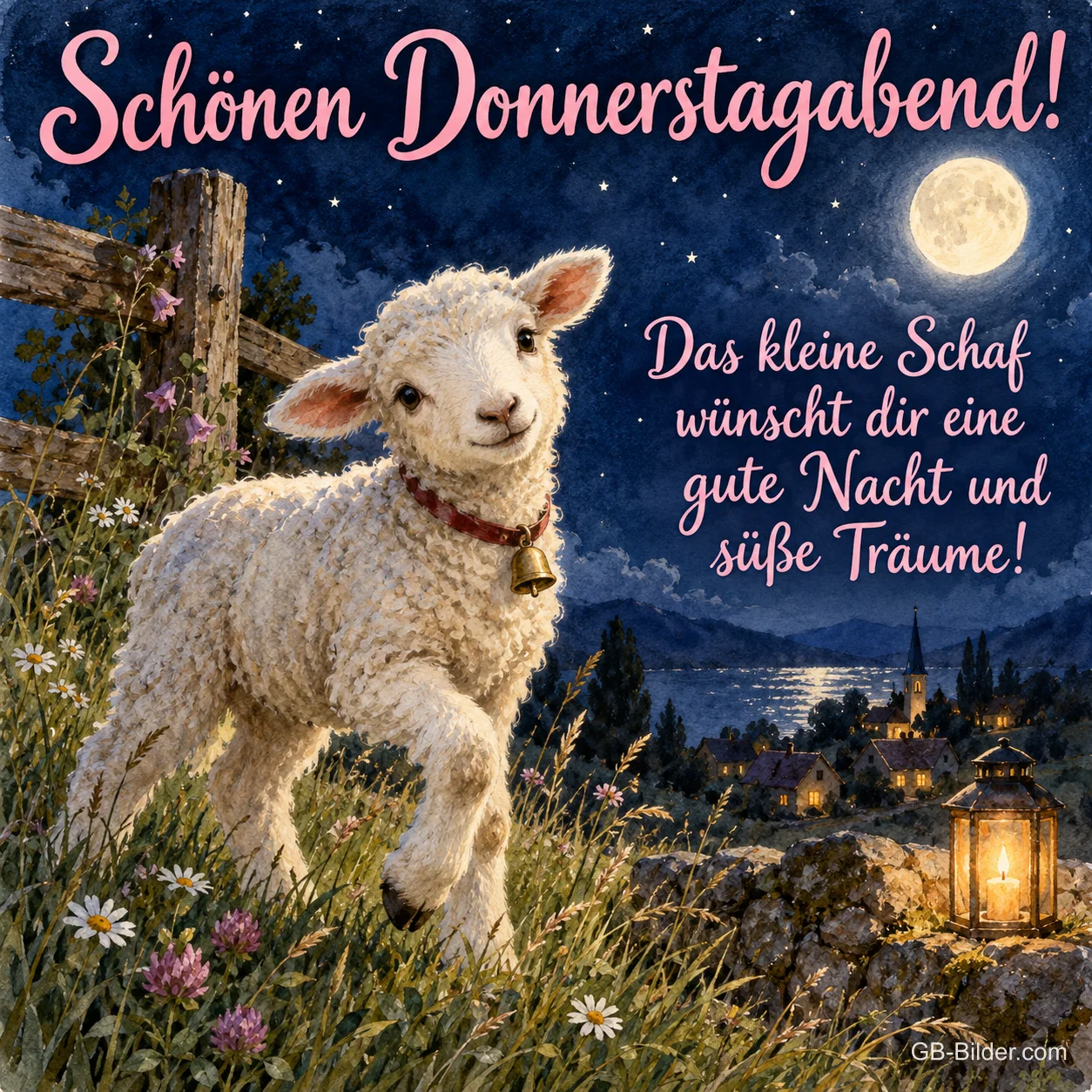 Lamm mit Glocke hüpft über eine Wiese bei Mondschein, Text: Schönen Donnerstagabend! – Das kleine Schaf wünscht dir eine gute Nacht und süße Träume! Lamm mit Glocke hüpft über eine Wiese bei Mondschein, Text: Schönen Donnerstagabend! – Das kleine Schaf wünscht dir eine gute Nacht und süße Träume!