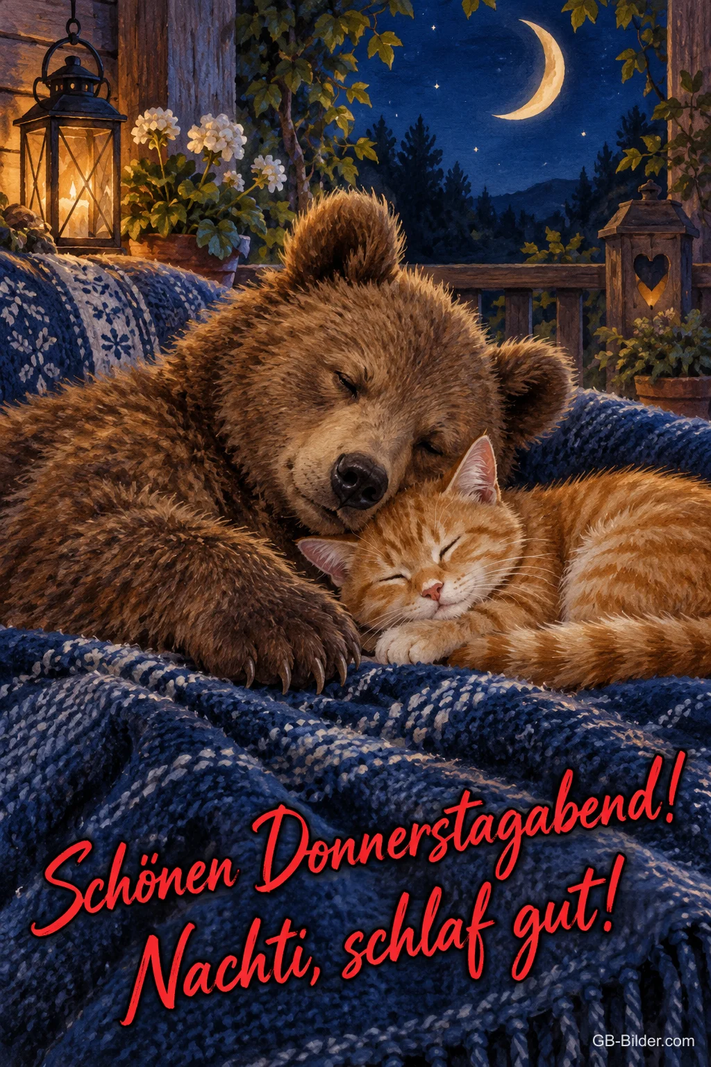 Bär und rote Katze schlafen aneinander gekuschelt, Text: Schönen Donnerstagabend! – Nachti, schlaf gut! Bär und rote Katze schlafen aneinander gekuschelt, Text: Schönen Donnerstagabend! – Nachti, schlaf gut!