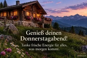 Berghütte mit Blumen im Abendlicht, Text: Genieß deinen Donnerstagabend! – Tanke frische Energie für alles, was morgen kommt.
