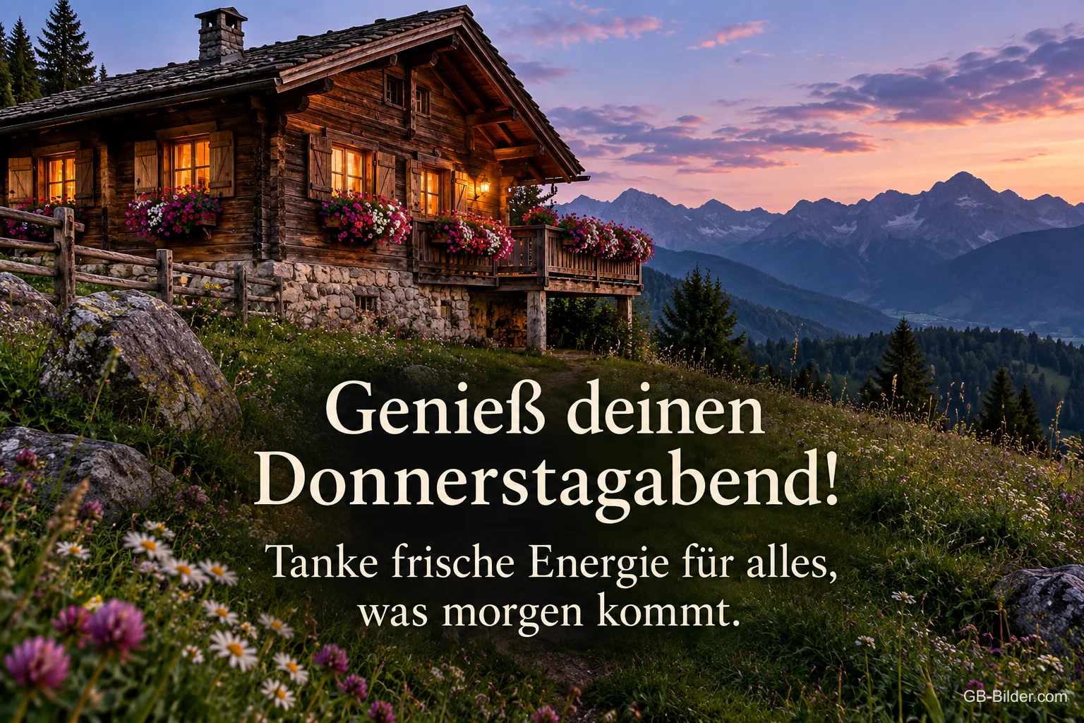 Berghütte mit Blumen im Abendlicht, Text: Genieß deinen Donnerstagabend! – Tanke frische Energie für alles, was morgen kommt. Berghütte mit Blumen im Abendlicht, Text: Genieß deinen Donnerstagabend! – Tanke frische Energie für alles, was morgen kommt.